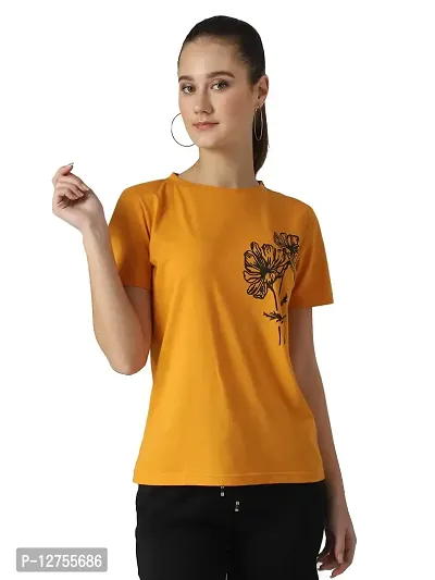 Popster Mustard Solid Cotton Round Neck Regular Fit Half Sleeve Womens T-Shirt