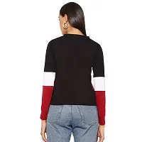 Popster Multi Color Blocked Cotton Round Neck Regular Fit Long Sleeve Womens Crop T-Shirt Maroon-thumb1