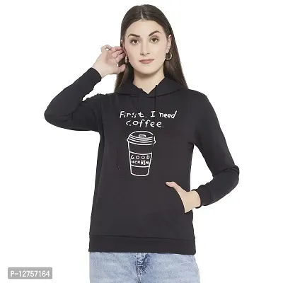 Popster Black Printed Fleece Hoody Regular Fit Long Sleeve Womens Sweatshirt(POP0118500-M)
