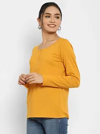 Popster Mustard Solid Cotton Henley Regular Fit Long Sleeve Womens Tshirt(POP0118414-YLW-XL)-thumb2