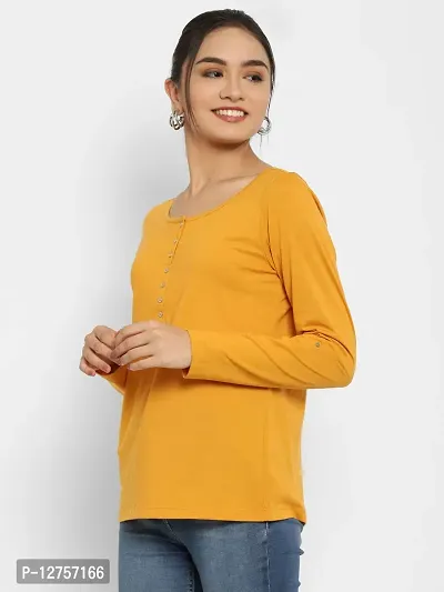 Popster Mustard Solid Cotton Henley Regular Fit Long Sleeve Womens Tshirt(POP0118414-YLW-XL)-thumb3