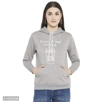 Popster Grey Printed Fleece Hoody Regular Fit Long Sleeve Womens Sweatshirt(POP0118499-XL)