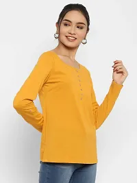 Popster Mustard Solid Cotton Henley Regular Fit Long Sleeve Womens Tshirt(POP0118414-YLW-XL)-thumb1