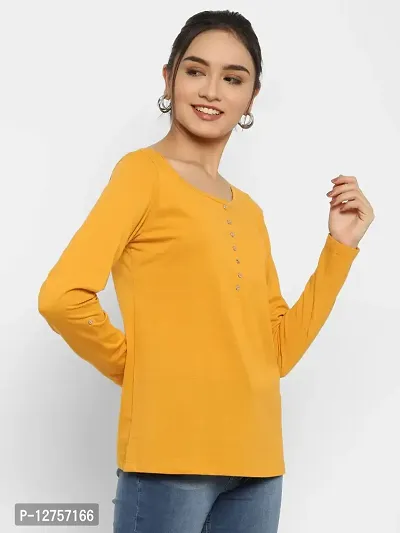 Popster Mustard Solid Cotton Henley Regular Fit Long Sleeve Womens Tshirt(POP0118414-YLW-XL)-thumb2