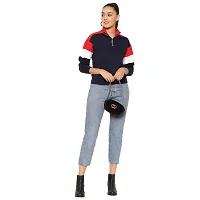 Popster Navy Blue Color Block Cotton High Neck Regular Fit Long Sleeve Womens Sweatshirt-thumb3