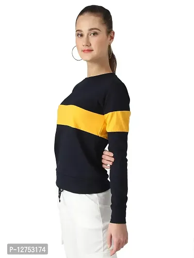 Popster Navy Blue Solid Cotton Round Neck Regular Fit Long Sleeve Womens T-Shirt-thumb2