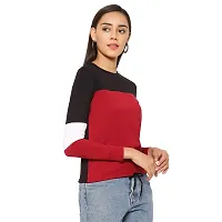 Popster Multi Color Blocked Cotton Round Neck Regular Fit Long Sleeve Womens Crop T-Shirt Maroon-thumb2