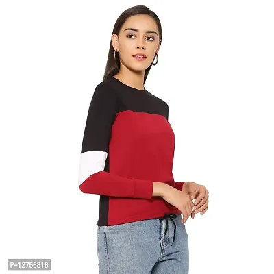 Popster Multi Color Blocked Cotton Round Neck Regular Fit Long Sleeve Womens Crop T-Shirt Maroon-thumb3