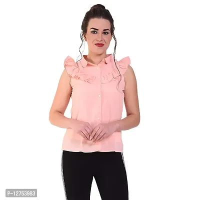 Popster Peach Solid Poly Crepe Collar Slim Fit Sleeve Less Womens Top