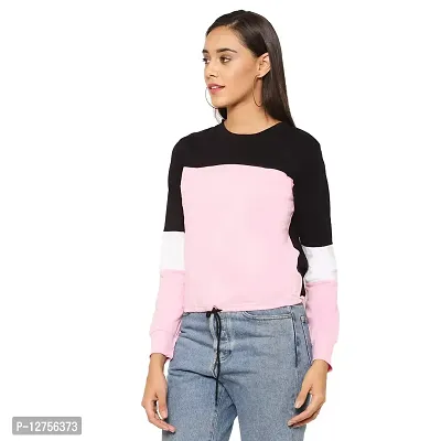 Popster Multi Color Blocked Cotton Round Neck Regular Fit Long Sleeve Womens Crop T-Shirt Pink-thumb3