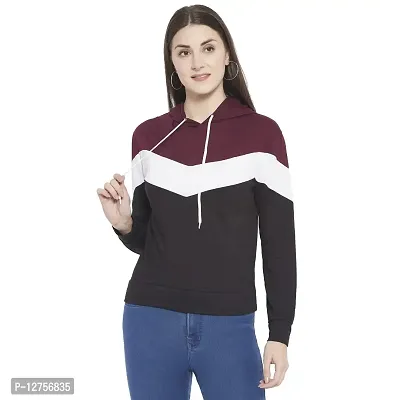 Popster Multi Color Block Cotton Hoody Regular Fit Long Sleeve Womens Sweatshirt(POP0118495-L) Maroon-thumb0