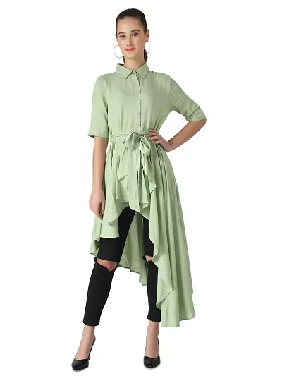 Popster Pista Green Solid Rayon Collar Regular Fit Half Sleeve Womens Dress