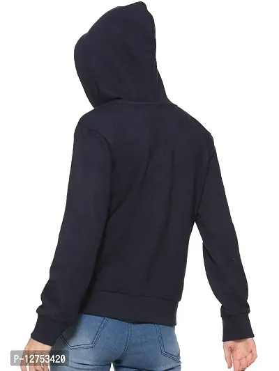 Popster Navy Blue Solid Fleece Hoody Regular Fit Long Sleeve Womens Sweatshirt-thumb2
