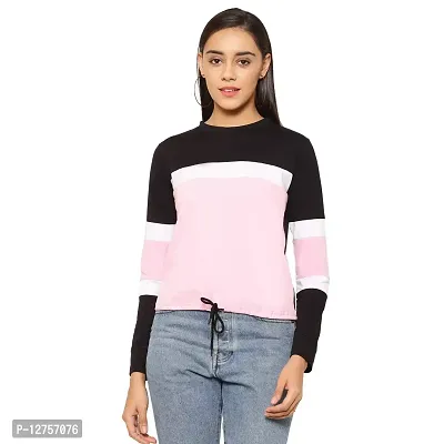 Popster Multi Color Blocked Cotton Round Neck Regular Fit Long Sleeve Womens Crop T-Shirt Pink