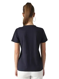 Popster Navy Blue Solid Cotton Round Neck Regular Fit Half Sleeve Womens T-Shirt-thumb2