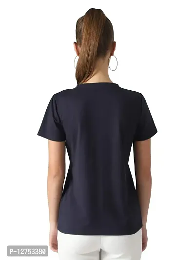 Popster Navy Blue Solid Cotton Round Neck Regular Fit Half Sleeve Womens T-Shirt-thumb3