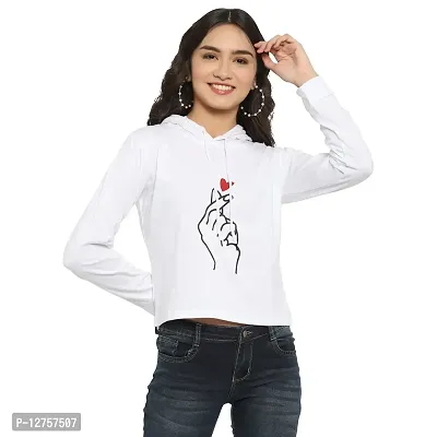 Popster White Printed Cotton Hoody Regular Fit Long Sleeve Womens Tshirt(POP0118437-WHT-L)