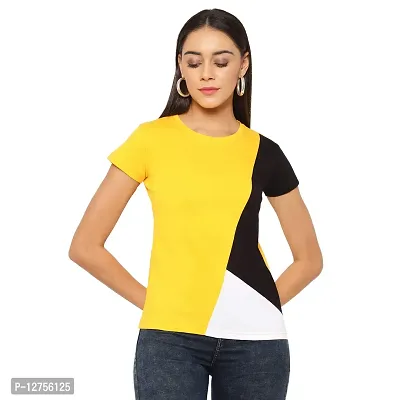 Popster Multi Color Blocked Cotton Round Neck Regular Fit Half Sleeve Womens Tshirt (POP0118392-XL)