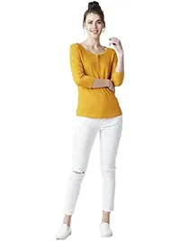 Popster Mustard Solid Cotton Round Neck Slim Fit 3/4 Sleeve Womens T-Shirt-thumb3