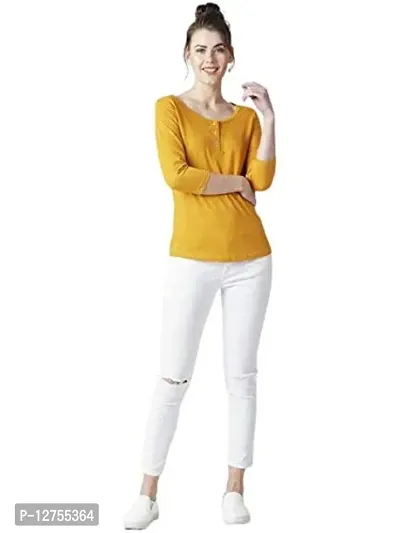 Popster Mustard Solid Cotton Round Neck Slim Fit 3/4 Sleeve Womens T-Shirt-thumb4