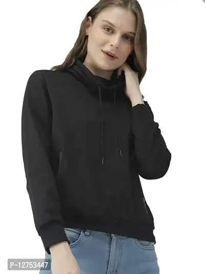 Popster Black Solid Fleece Turtle Neck Regular Fit Long Sleeve Womens Sweatshirt-thumb0