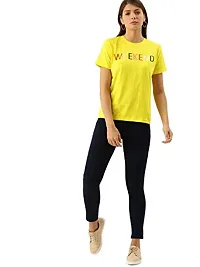 Popster Yellow Printed Cotton Round Neck Regular Fit Half Sleeve Womens Tshirt (POP0118417-L)-thumb3