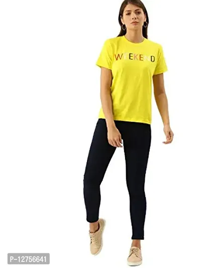 Popster Yellow Printed Cotton Round Neck Regular Fit Half Sleeve Womens Tshirt (POP0118417-L)-thumb4