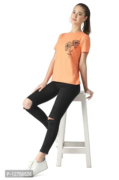 Popster Peach Solid Cotton Round Neck Regular Fit Half Sleeve Womens T-Shirt-thumb5