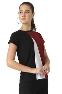 Popster Maroon & Black Color Blocked Cotton Round Neck Regular Fit Half Sleeve Womens T-Shirt(POP0720279-XL)-thumb3