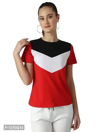 Popster Red & Black Color Block Cotton Round Neck Regular Fit Half Sleeve Womens T-Shirt