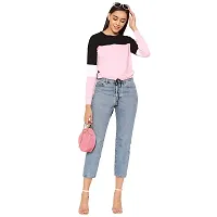 Popster Multi Color Blocked Cotton Round Neck Regular Fit Long Sleeve Womens Crop T-Shirt Pink-thumb4