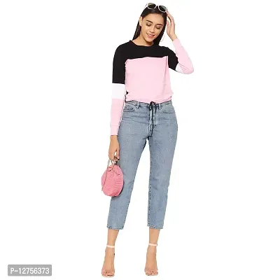 Popster Multi Color Blocked Cotton Round Neck Regular Fit Long Sleeve Womens Crop T-Shirt Pink-thumb5