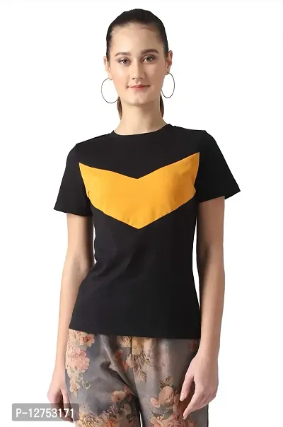 Popster Black & Mustard Color Block Cotton Round Neck Regular Fit Half Sleeve Womens T-Shirt