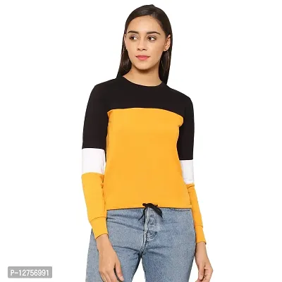 Popster Multi Color Blocked Cotton Round Neck Regular Fit Long Sleeve Womens Crop T-Shirt Mustard