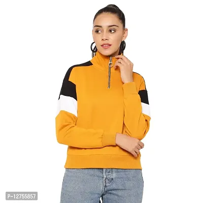 Popster Mustard Color Block Cotton High Neck Regular Fit Long Sleeve Womens Sweatshirt