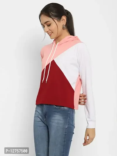 Popster Multicolor Color Block Cotton Hoody Regular Fit Long Sleeve Womens Tshirt(POP0118451-MRN-XL)-thumb3