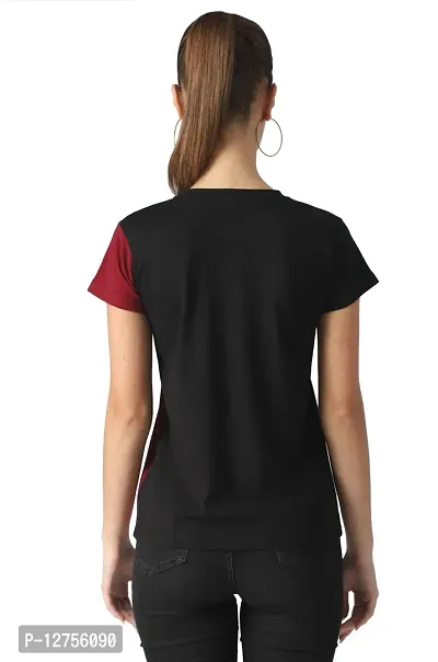 Popster Maroon & Black Color Blocked Cotton Round Neck Regular Fit Half Sleeve Womens T-Shirt(POP0720279-XL)-thumb3