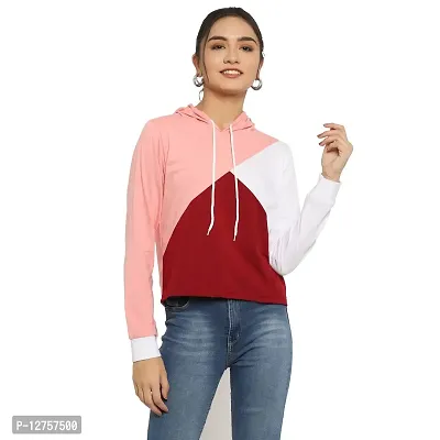 Popster Multicolor Color Block Cotton Hoody Regular Fit Long Sleeve Womens Tshirt(POP0118451-MRN-XL)
