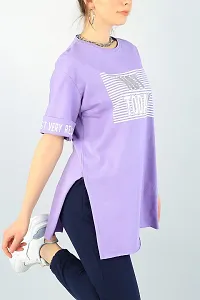 Lavender Printed Cotton Round Neck Loose fit Half Sleeve Womens T-Shirt-thumb2