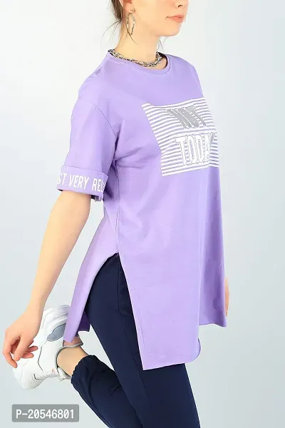 Lavender Printed Cotton Round Neck Loose fit Half Sleeve Womens T-Shirt-thumb3