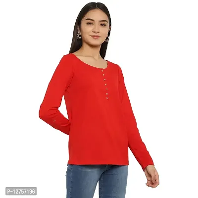 Popster Red Solid Cotton Henley Regular Fit Long Sleeve Womens Tshirt(POP0118413-RED-S)