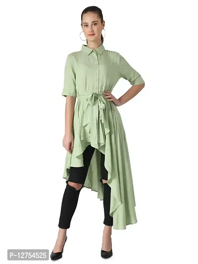 Popster Pista Green Solid Rayon Blend Shirt Collar Regular Fit Half Sleeve Womens Dress