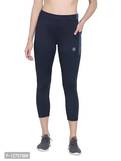 Popster Navy Blue Color Block 4 Way Lycra Skinny Womens Yoga Pants