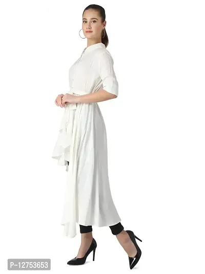 Popster Off White Solid Rayon Blend Shirt Collar Regular Fit Half Sleeve Womens Dress-thumb2