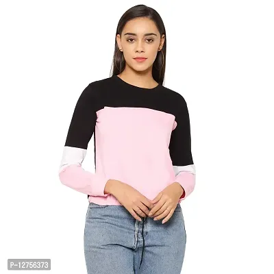 Popster Multi Color Blocked Cotton Round Neck Regular Fit Long Sleeve Womens Crop T-Shirt Pink-thumb0