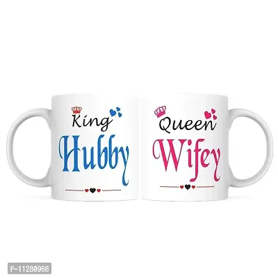 Queen Wifey King Hubby Printed Tea  Coffee 350ml Ceramic for Couples Ceramic Coffee Mug-thumb0