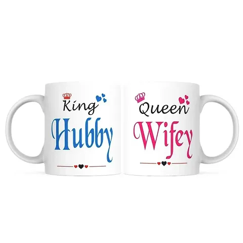 PUREZENTO King Husband Queen Wifey Couple Mug Ceramic Coffee Tea / Milk Mug(Pack of 2)
