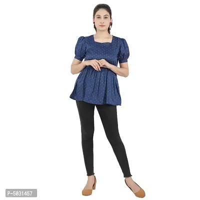 Stylish Navy Blue Polyester Cotton Printed Tops For Women-thumb0