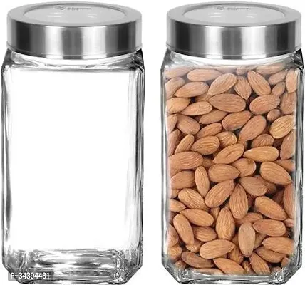 Optiq Glass Grocery Container - 1000 ml (Pack of 2, Silver)