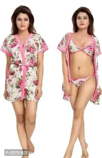 Elegant Pink Satin Printed Robe And Lingerie Set For Women- 3 Pieces